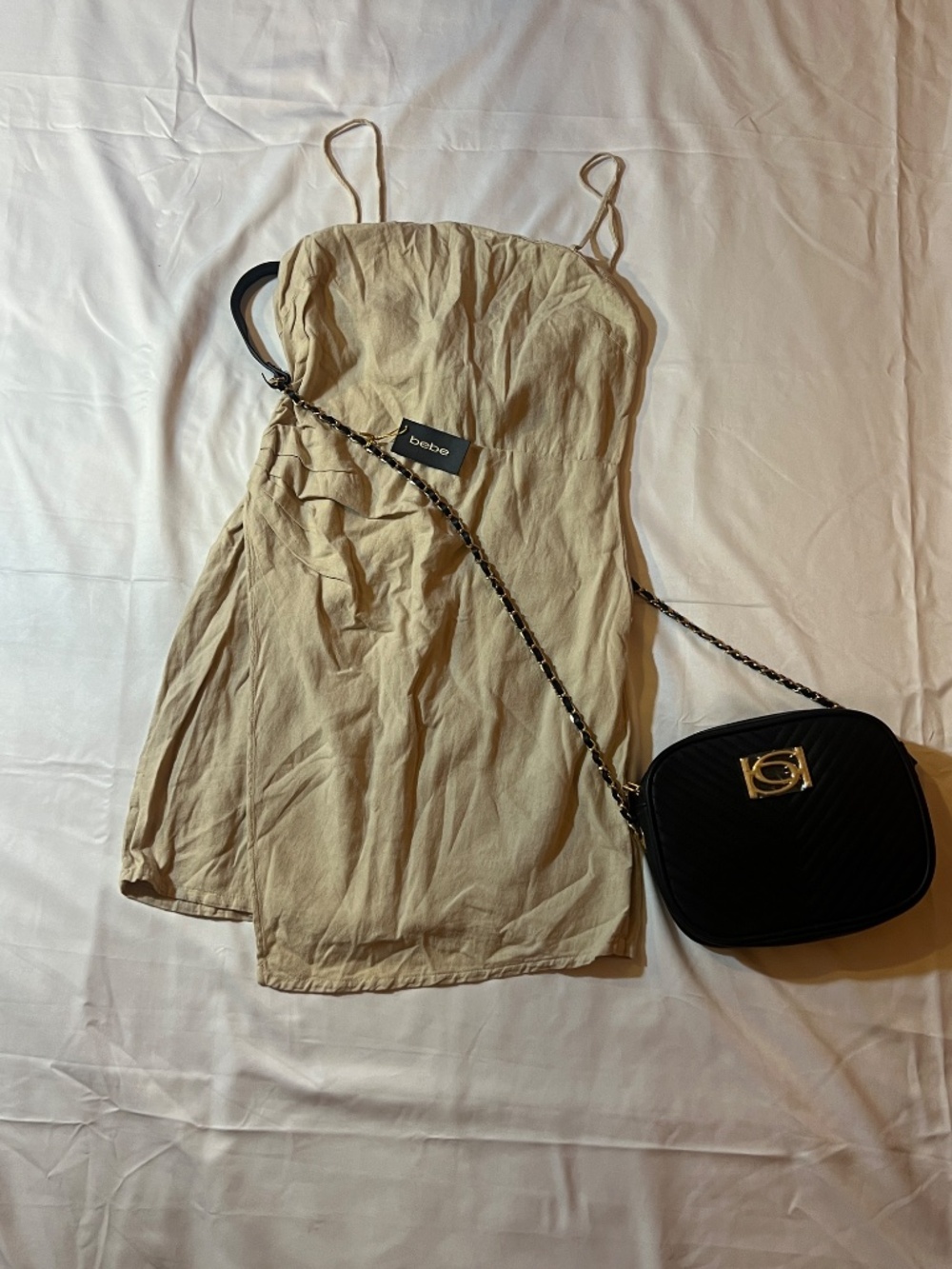 ZARA Beige Mini dress with Ruched Side Cinch | Linen Blend